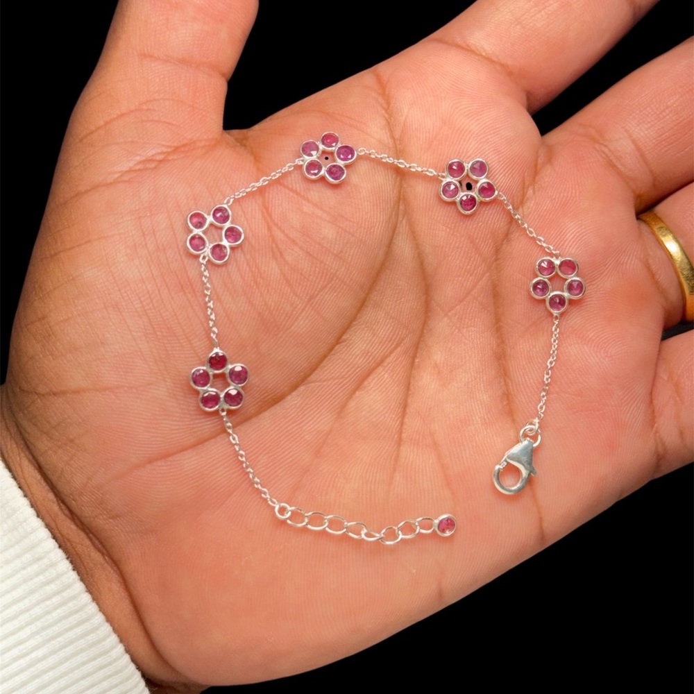 925 Sterling Silver Ruby Flower Bracelet Adjustable 6.5–7.6”
